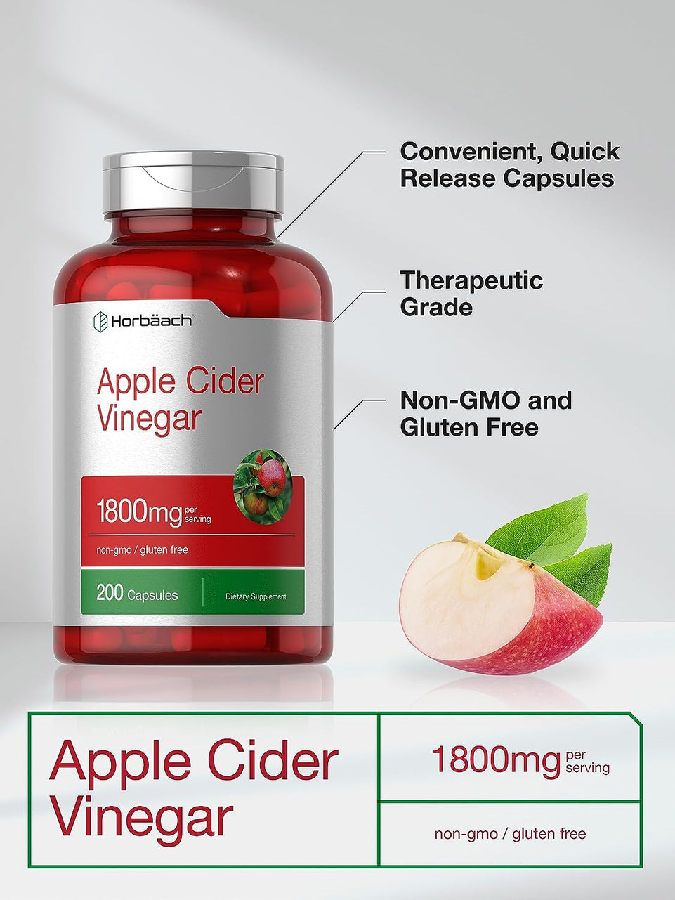 Apple Cider Vinegar Capsules | 1800Mg | 200 Pills | Non-Gmo, Gluten Free Supplement | by Horbaach