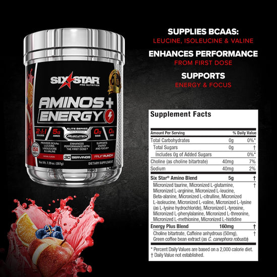 Aminos plus Energy, BCAA Powder, Fruit Punch, 40 Servings, 277 Gram