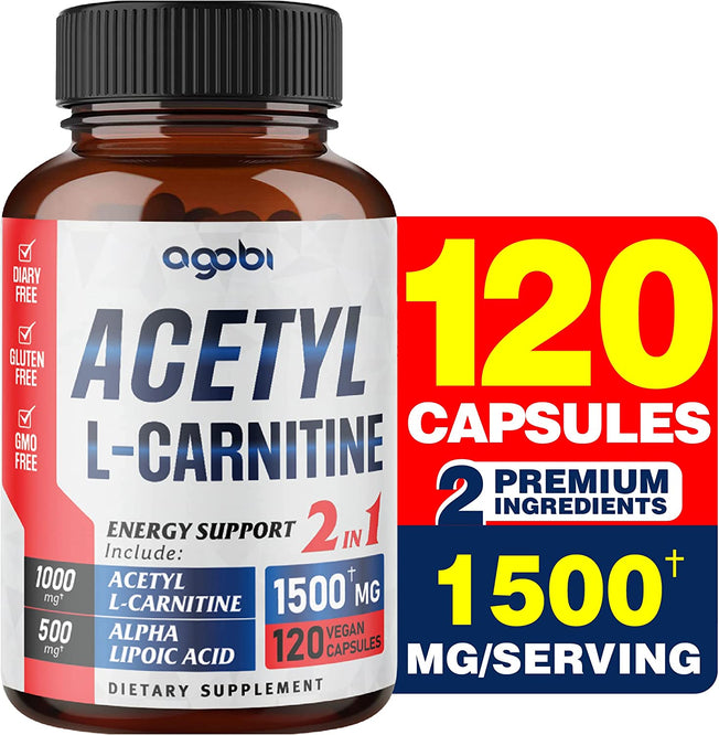 Acetyl L-Carnitine & Alpha Lipoic Acid Complex 1500Mg - Supplement for Brain Health, Memory, Focus & Mood Support - 120 Vegan Capsules for 2 Month Supply - Gluten-Free, Non-Gmo