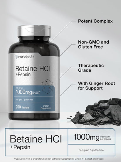 Betaine Hcl with Pepsin | 1326Mg | 250 Capsules | Betaine Hydrochloride Supplement | with Protease | Non-Gmo, Gluten Free, Vegetarian | by Horbaach