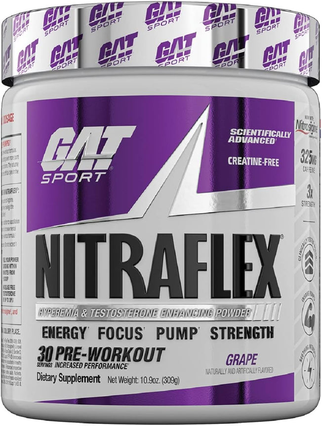 GAT Clinically Tested Nitraflex, Testosterone Enhancing Pre Workout, Grape, 300 Gram