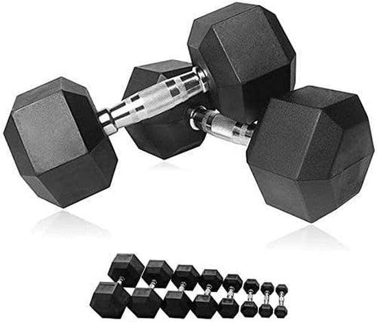 Hex Dumbbells Set - Rubber Coated Dumbbells Black Hex Dumbbell Weights - Chrome Textured Non-Slip & Easy-Grip Handles - Crossfit, MMA, Bodybuilding, Toning, Cardio Training and Fitness（Pair or Single）