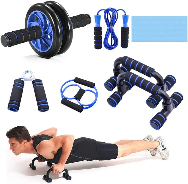 7-In-1 AB Wheel Roller Kit with Push up Brackets Skipping Rope Hand Wrist Developer and Knee Pad for Home Workout - Portable Home Fitness Equipment Push-Up Gripper Ab Roller for Men Abdominal Exerciser GYM