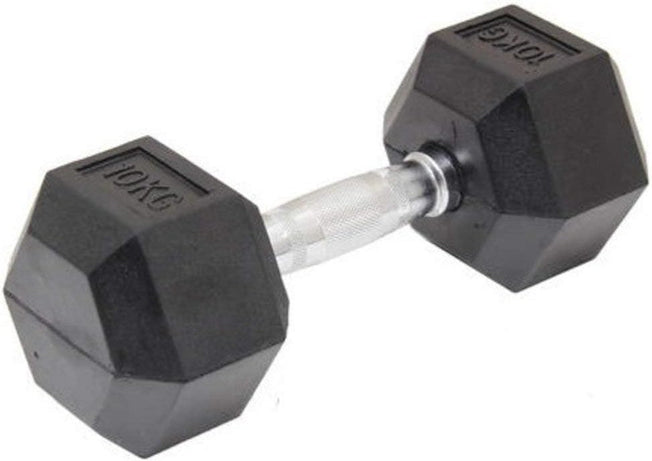 10KG Commercial Rubber Hex Dumbbell Gym Weight - Solid Intense Workout Training Exercise Home Gym with Chrome Handle Plate Gym Fitness