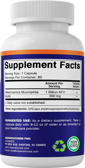 Akkermansia Muciniphila Gut Health - 60 DR Capsules (Delayed Released) - Made with Prebiotic Inulin Fiber