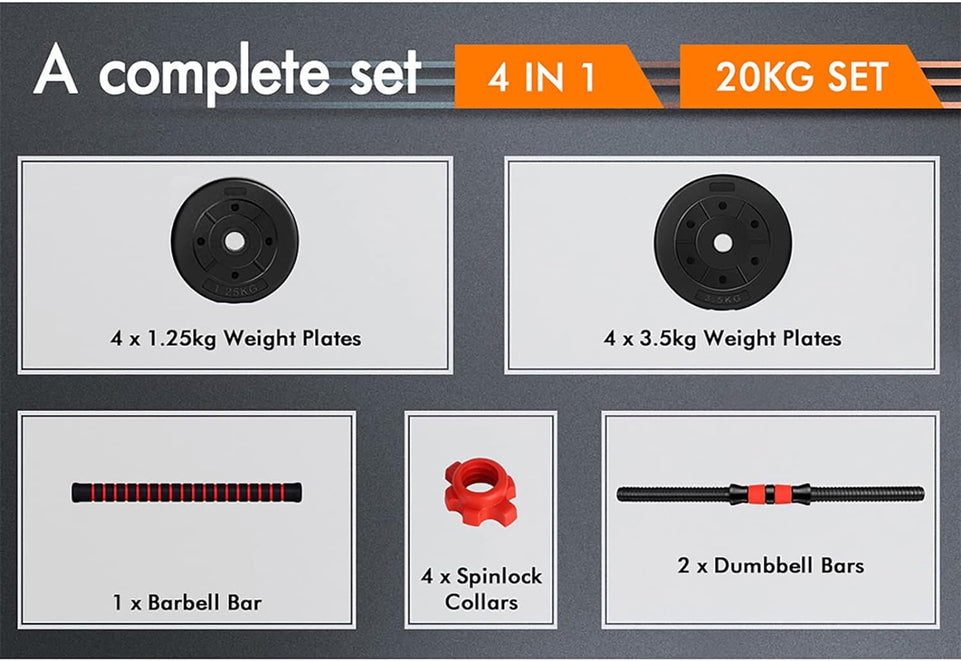 20KG Dumbbell Barbell Set 4-In-1 Standard Weight Plates with Connecting Rod Exercise & Fitness Equipment for Home Gym Body Workouts Strength Training