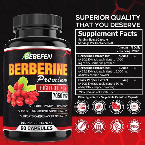 Berberine Extract Capsules - 7050Mg Formula Pills with Black Pepper Extract - Berberine Supplement for Supports Glucose Metabolism, Cardiovascular Heart, Immune Function - 2 Month Supply