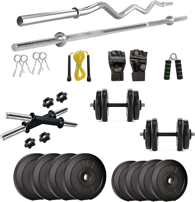 Anythingbasic PVC 20 Kg Home Gym Set | Black | Material : Iron, PVC, Sand and Cement | with 3 Feet Curl and Plain Gym Iron Rods, One Pair of Dumbbell Rods | with Skipping Rope and Other Accessories