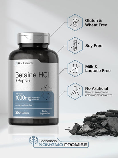 Betaine Hcl with Pepsin | 1326Mg | 250 Capsules | Betaine Hydrochloride Supplement | with Protease | Non-Gmo, Gluten Free, Vegetarian | by Horbaach