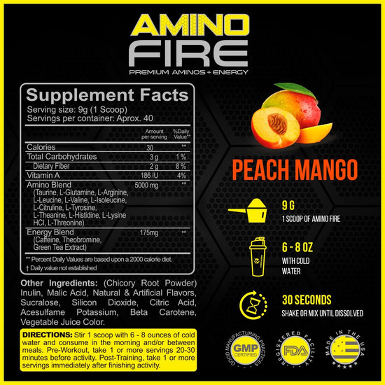 Amino Energy + BCAA Amino Acids - Energy | Focus | Endurance | Reaction | 40 Servings of Amazing Flavors | Amino Fire (Peach Mango)