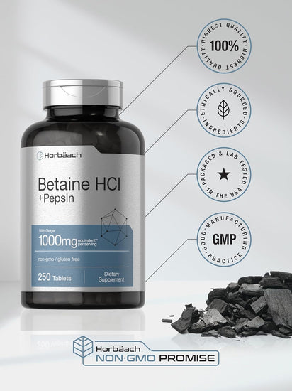 Betaine Hcl with Pepsin | 1326Mg | 250 Capsules | Betaine Hydrochloride Supplement | with Protease | Non-Gmo, Gluten Free, Vegetarian | by Horbaach