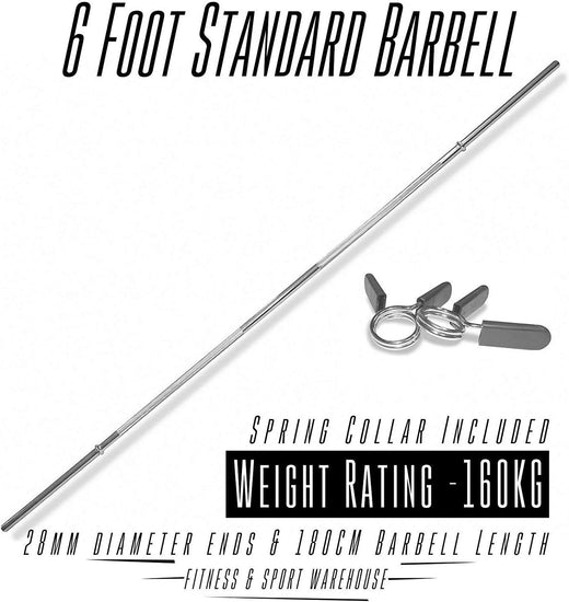 Barbell Standard Bar with Spring Collar Locks - 6Ft Heavy-Duty Standard Bar, 72 Inch Solid Steel Chrome Bar, 6 Foot Standard Barbell Handle for Power Weightlifting, Bodybuilding - Fitness Gym Exercise Equipment