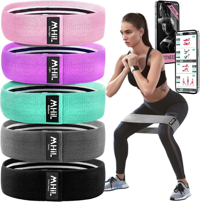 5 Resistance Bands - Best Exercise Bands for Women and Men - Thick Elastic Fabric Workout Bands for Working Out Legs, Butt, Glute- Stretch Fitness Booty Loops Bands for Gym, Weights & Squats