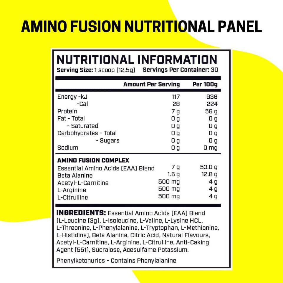 - Amino Fusion - Lemonade - 30 Serves -10.1G Amino Acids per Serve - Intra-Workout Blend : EAA BCAA Beta Alanine Carnitine L-Citrulline Arginine. Performance and Recovery