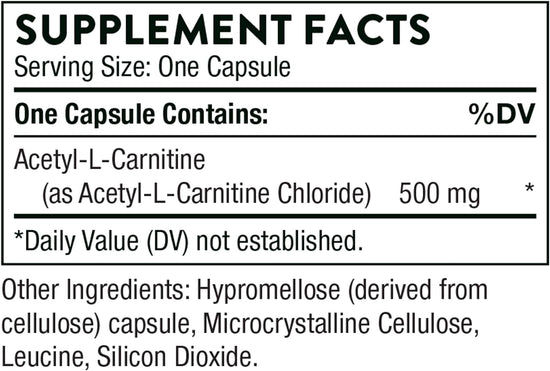 Acetyl-L-Carnitine - 500 Mg - Supports Brain Function and Healthy Nerve Sensations in the Hands and Feet - Gluten-Free, Soy-Free, Dairy-Free - 60 Capsules