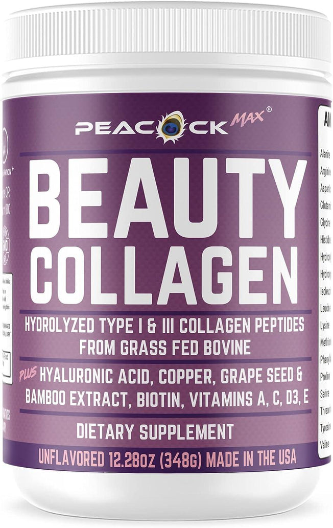 Beauty Collagen Protein Powder Hydrolyzed Type I, III Peptides Grass Fed Non-Gmo Hyaluronic Acid Copper, Grape Seed & Bamboo Extract Biotin Vitamin a C D3 E Unflavored Anti-Aging Skin Hair Nail 12Oz