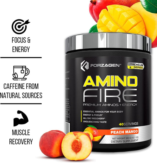 Amino Energy + BCAA Amino Acids - Energy | Focus | Endurance | Reaction | 40 Servings of Amazing Flavors | Amino Fire (Peach Mango)