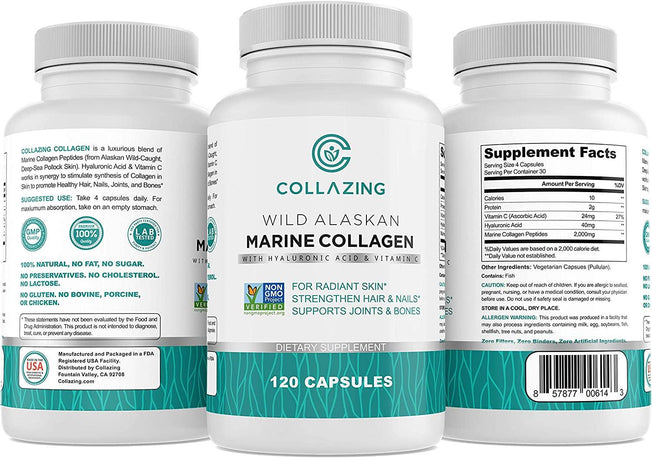 Collazing - Alaskan Wild-Caught Marine Collagen Protein Peptides with Hyaluronic Acid and Vitamin C - for Radiant Skin, Hair, Nails. Joints, Bones - 120 Capsules-30 Days Supply