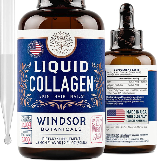 Concentrated Liquid Collagen Peptides Supplement - Hair, Skin, Nail, Joints Support - Sublingual Drops by  - 10,000Mcg Collagen, 5,000Mcg Biotin - Lemon Flavor - 2-Month - 2 Oz