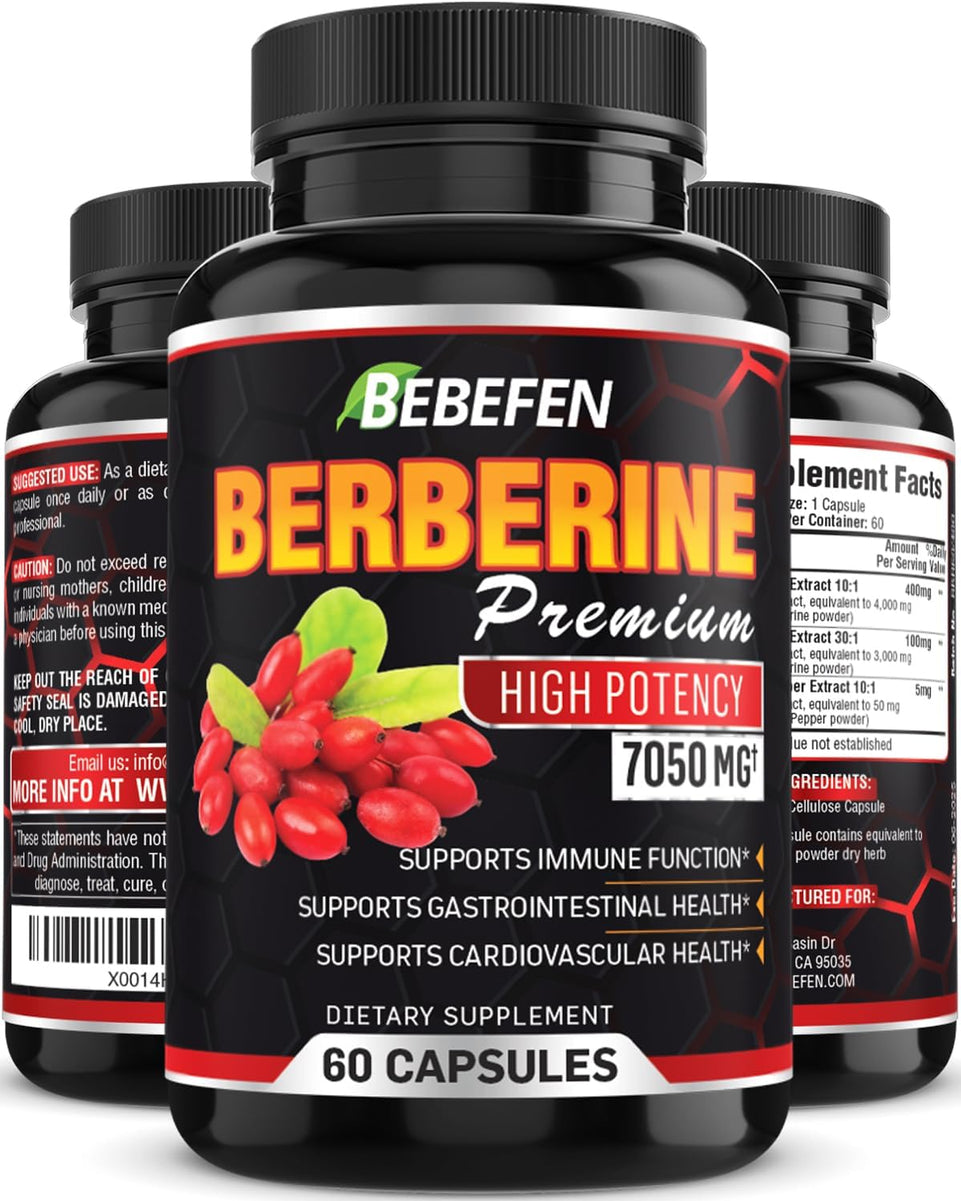 Berberine Extract Capsules - 7050Mg Formula Pills with Black Pepper Extract - Berberine Supplement for Supports Glucose Metabolism, Cardiovascular Heart, Immune Function - 2 Month Supply