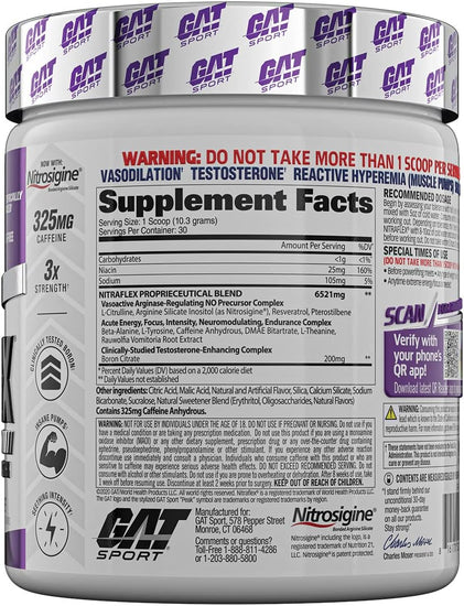 GAT Clinically Tested Nitraflex, Testosterone Enhancing Pre Workout, Grape, 300 Gram