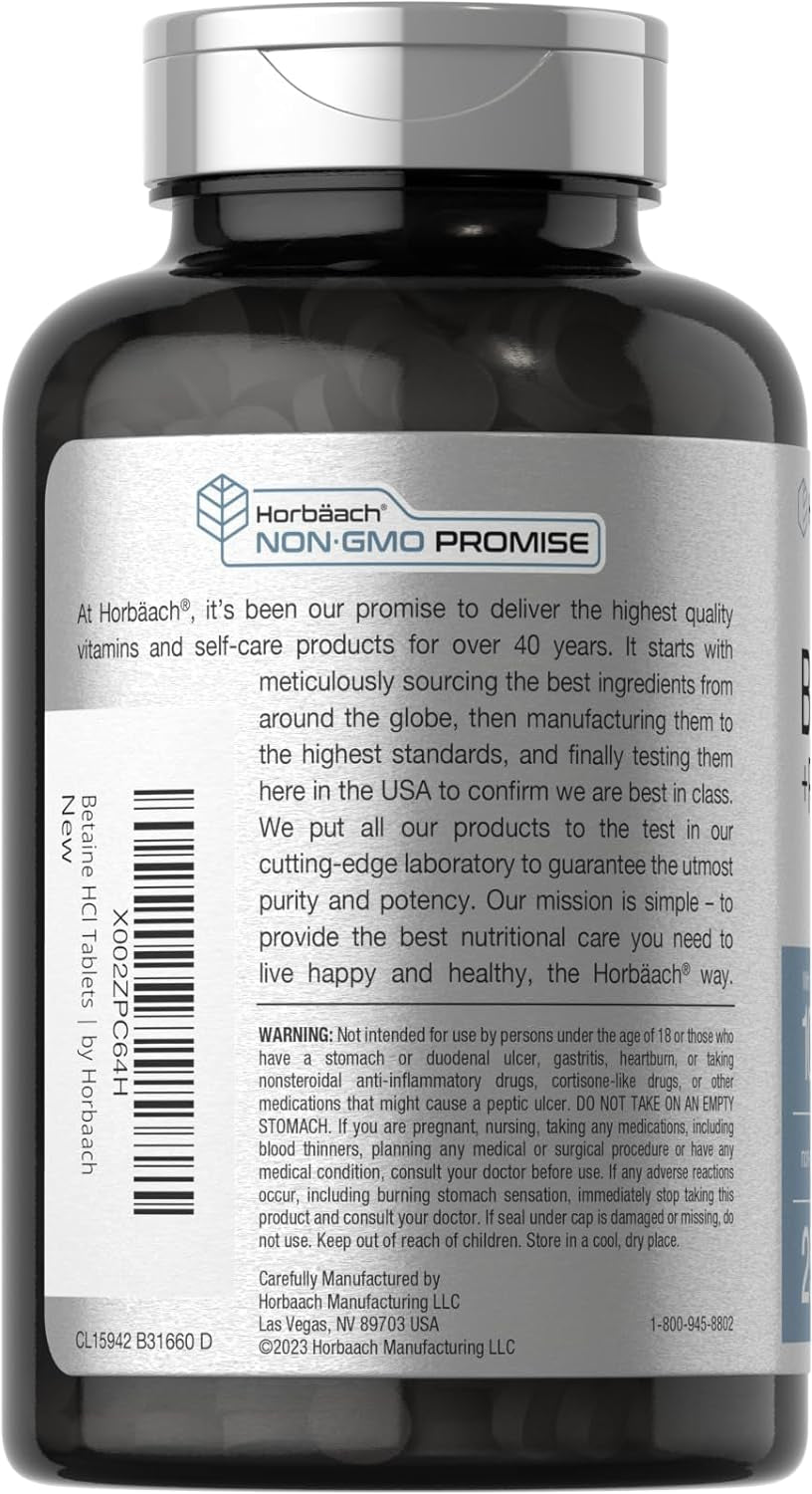 Betaine Hcl with Pepsin | 1326Mg | 250 Capsules | Betaine Hydrochloride Supplement | with Protease | Non-Gmo, Gluten Free, Vegetarian | by Horbaach