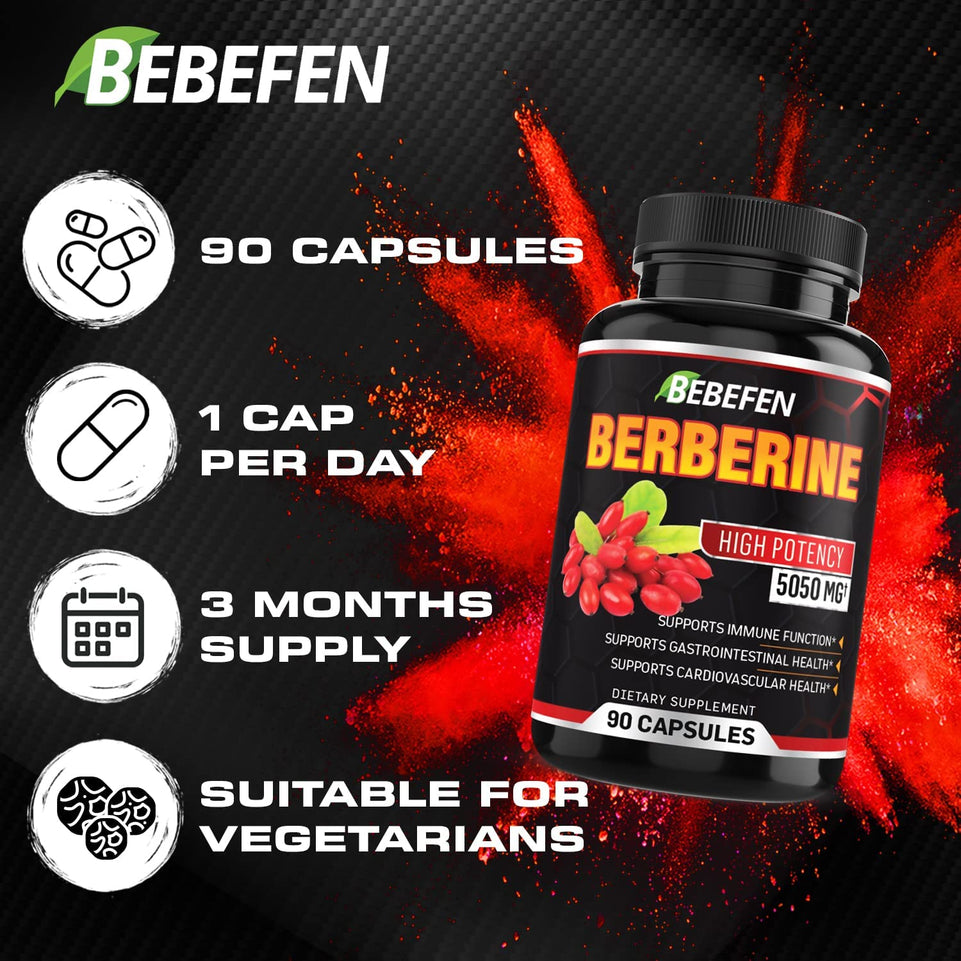 Berberine Capsules - 5050Mg Formula Pills with Black Pepper Extract - 90 Capsules Berberine Supplement for Supports Glucose Metabolism, Healthy Immune System, Cardiovascular Heart - 3 Month Supply