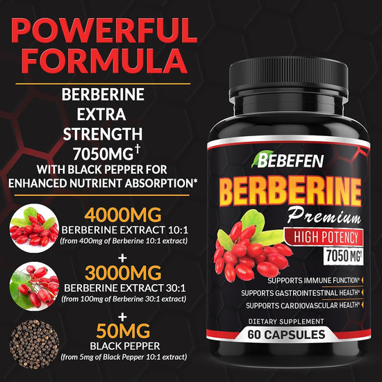 Berberine Extract Capsules - 7050Mg Formula Pills with Black Pepper Extract - Berberine Supplement for Supports Glucose Metabolism, Cardiovascular Heart, Immune Function - 2 Month Supply