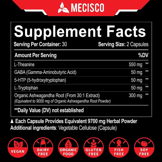 5In1 L-Theanine Supplement 9700Mg - Support Relaxation, Mind Health & Energy Production - Concentrated with Ashwagandha Root, GABA, 5 HTP & L-Tryptophan - 60 Capsules