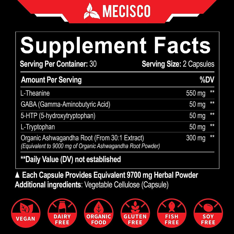 5In1 L-Theanine Supplement 9700Mg - Support Relaxation, Mind Health & Energy Production - Concentrated with Ashwagandha Root, GABA, 5 HTP & L-Tryptophan - 60 Capsules