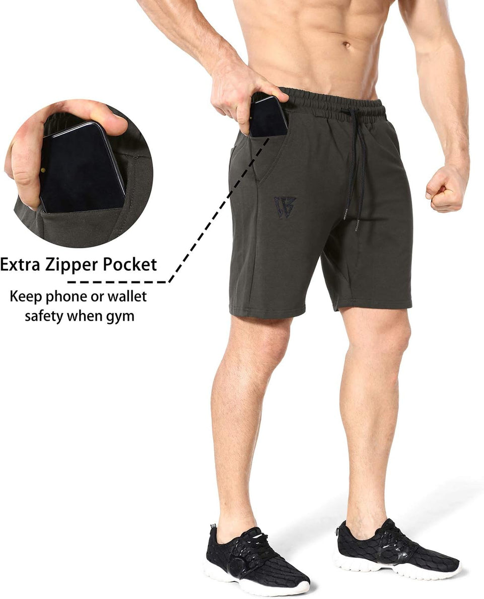 Mens Gym Running Shorts, Workout Athletic Bodybuilding Fitness Shorts with Zip Pockets