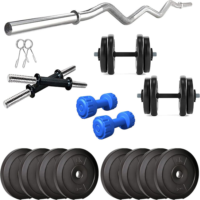 Anythingbasic PVC 16 Kg Home Gym Set with 1 Kg Blue Dumbbells Pair | Black | Material : Iron, PVC, Sand and Cement | Combo Has 3 Feet Curl Iron Rod, One Pair of Dumbbell Rods | for Men and Women