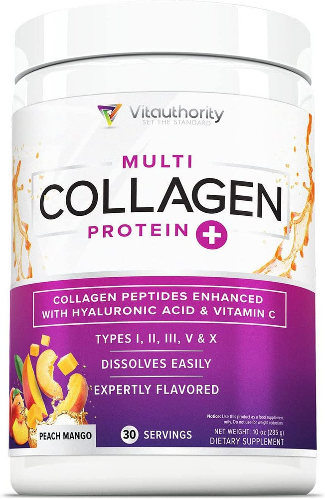 Multi Collagen Peptides plus Hyaluronic Acid and Vitamin C, Hydrolyzed Collagen Protein, Types I, II, III, V and X Collagen, Chocolate Flavor