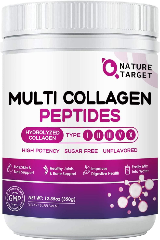 Multi Collagen Peptides Powder - Type I, II, III, V, X - Hydrolyzed Collagen Peptides with Vitamin C Hyaluronic Acid, Supports Skin Hair Nail & Joint, Grass-Fed, Non-Gmo, 35 Servings