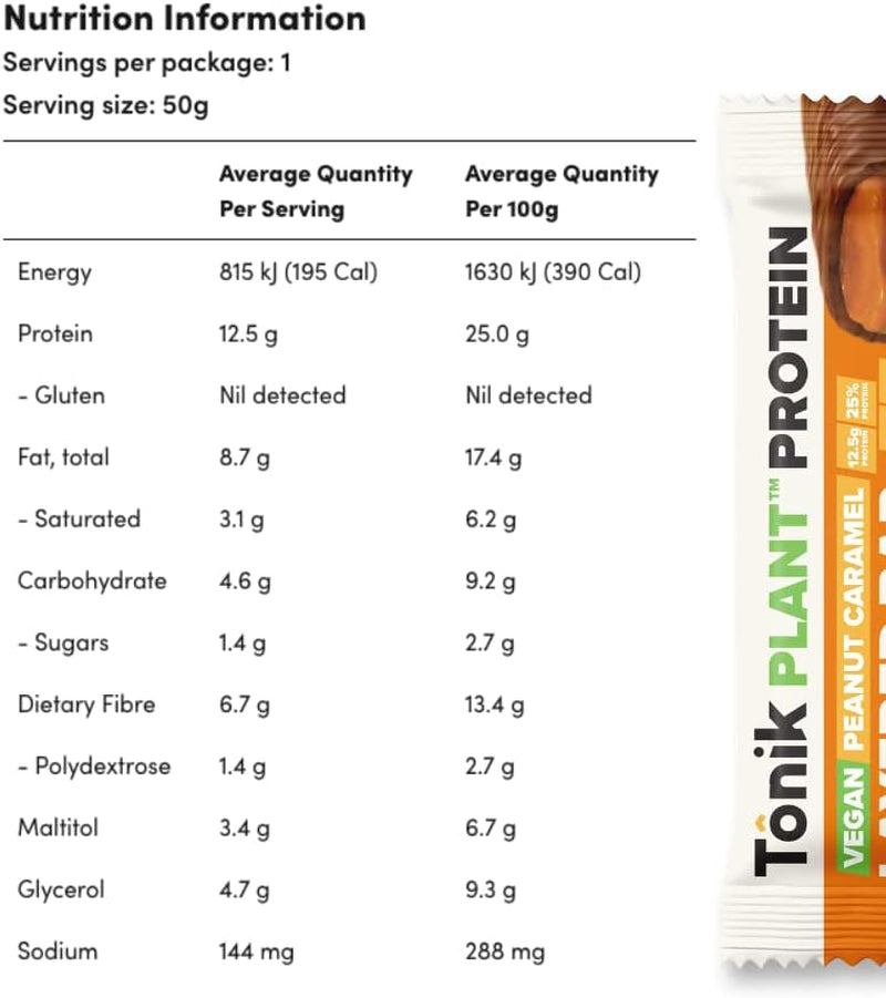 Tônik Plant Protein Layered Snack Bars Vegan | Box of 12 | Breakfast, Workout, Low Carb, Low Fat, Gluten Free | 2 Flavours to Choose from (Peanut Caramel)