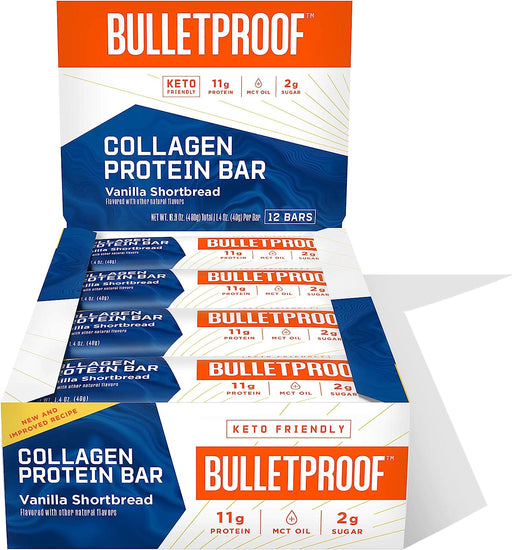 Collagen Protein Bars, Vanilla Shortbread, 11G Protein, 12 Pack,  Grass Fed Healthy Snacks, Made with MCT Oil, 2G Sugar, No Added Sugar