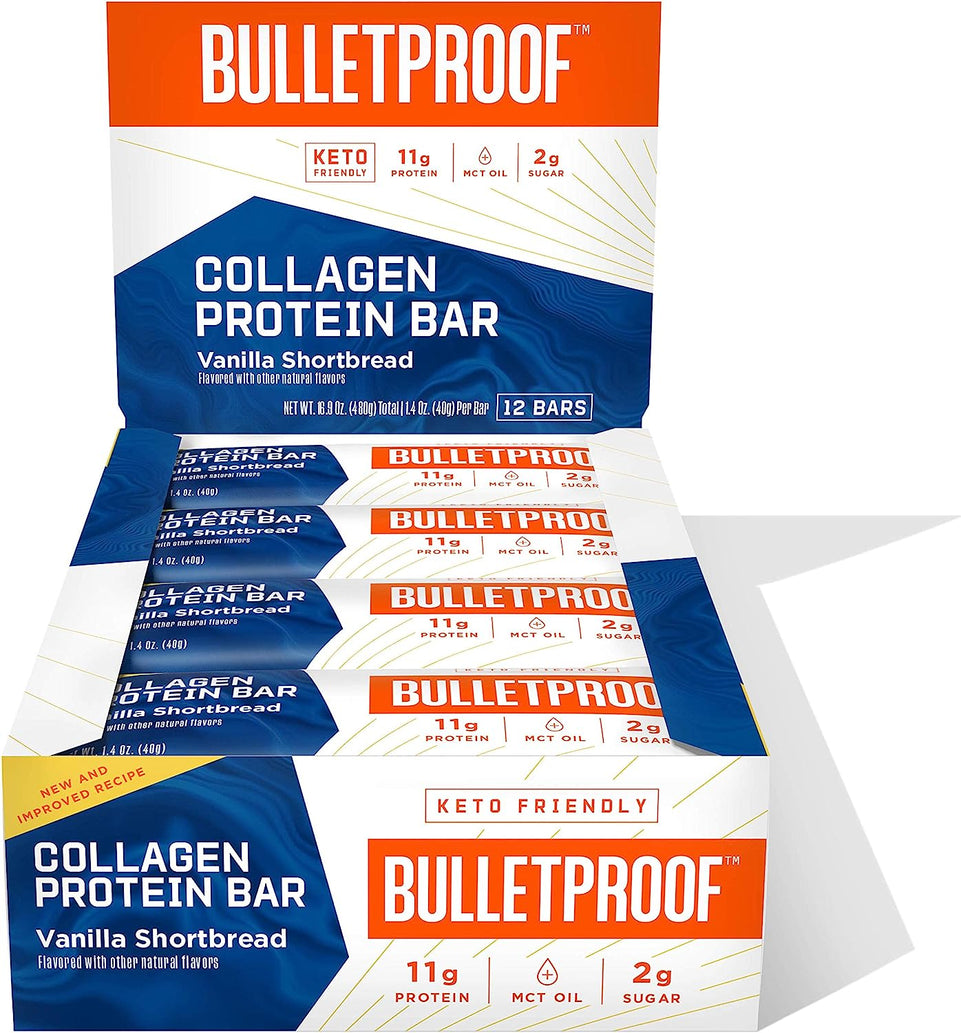 Collagen Protein Bars, Vanilla Shortbread, 11G Protein, 12 Pack,  Grass Fed Healthy Snacks, Made with MCT Oil, 2G Sugar, No Added Sugar