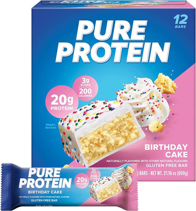 Bars, High Protein, Nutritious Snacks to Support Energy, Low Sugar, Gluten Free, Birthday Cake, 1.76 Oz, Pack of 12