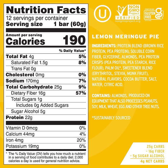 Protein Bar, Lemon Meringue Pie, 22G Plant Based Protein, Keto Friendly, Low Sugar, Dairy Free, Gluten Free, Vegan, High Fiber, Non-Gmo, 12Count