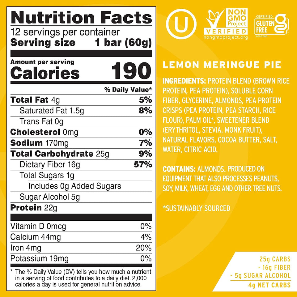 Protein Bar, Lemon Meringue Pie, 22G Plant Based Protein, Keto Friendly, Low Sugar, Dairy Free, Gluten Free, Vegan, High Fiber, Non-Gmo, 12Count