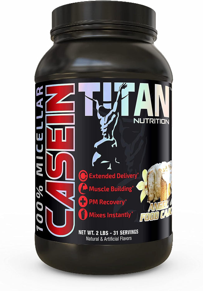 Titan Casein- 100% Micellar Casein Protein Powder with Added BCAA and Digestive Enzymes for Nighttime Muscle Recovery (Angel Food Cake)