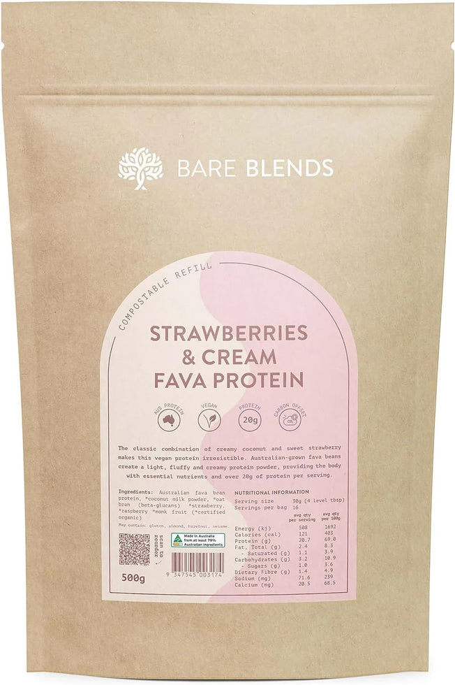 - Strawberries & Cream Fava Protein | Australian Fava Protein Powder | Vegan | Beta Glucans | Home-Compostable Packaging (500G)