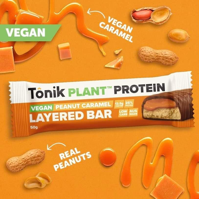 Tônik Plant Protein Layered Snack Bars Vegan | Box of 12 | Breakfast, Workout, Low Carb, Low Fat, Gluten Free | 2 Flavours to Choose from (Peanut Caramel)