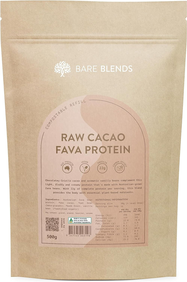 - Raw Cacao Fava Protein | Australian Fava Protein Powder | Vegan | Beta Glucans | Home-Compostable Packaging (500G)