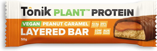 Tônik Plant Protein Layered Snack Bars Vegan | Box of 12 | Breakfast, Workout, Low Carb, Low Fat, Gluten Free | 2 Flavours to Choose from (Peanut Caramel)