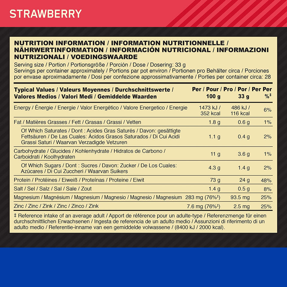 Gold Standard Casein Slow Digesting Protein Powder with Zinc, Magnesium and Naturally Occuring Glutamine and Amino Acids, Strawberry, 28 Servings, 0.92 Kg, Packaging May Vary, (1102176)