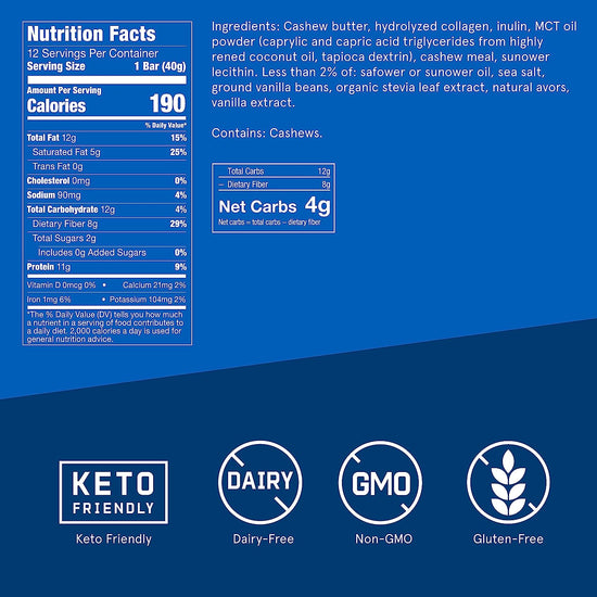 Collagen Protein Bars, Vanilla Shortbread, 11G Protein, 12 Pack,  Grass Fed Healthy Snacks, Made with MCT Oil, 2G Sugar, No Added Sugar