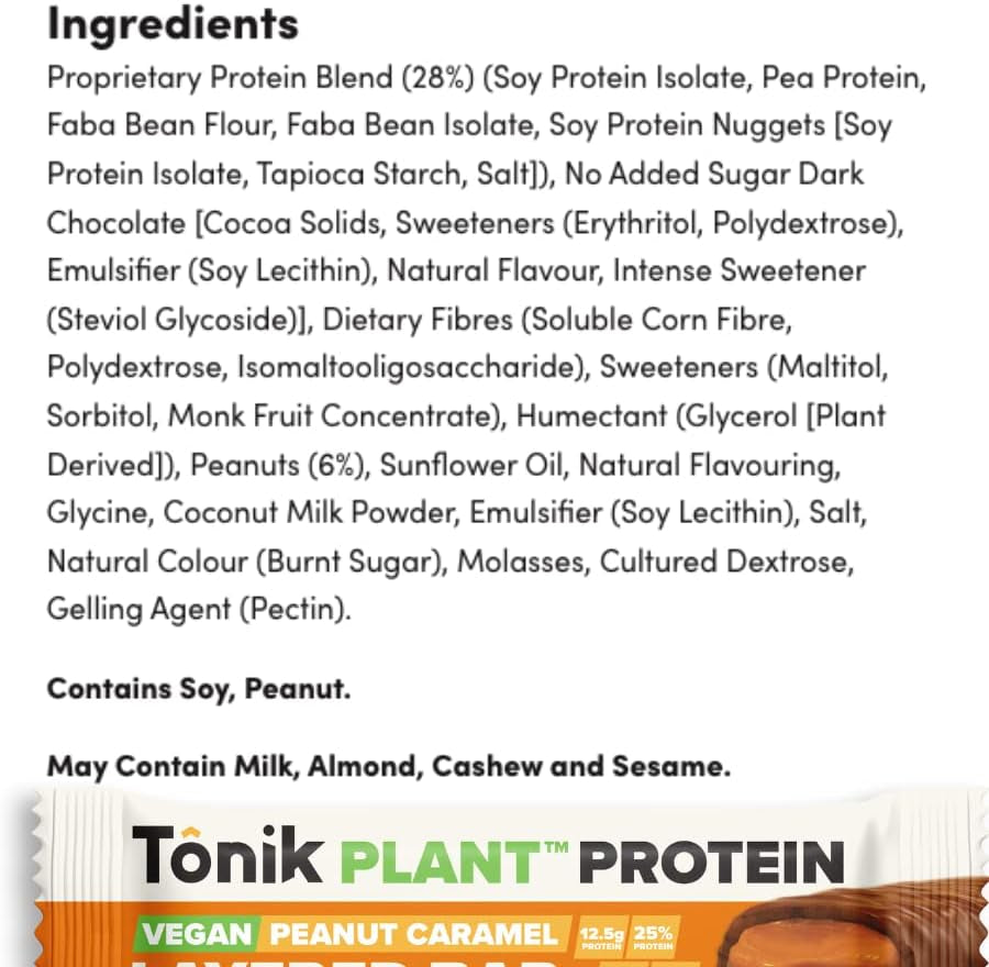 Tônik Plant Protein Layered Snack Bars Vegan | Box of 12 | Breakfast, Workout, Low Carb, Low Fat, Gluten Free | 2 Flavours to Choose from (Peanut Caramel)