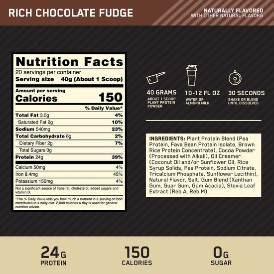 Gold Standard 100% Plant Protein, Rich Chocolate Fudge, 20 Servings