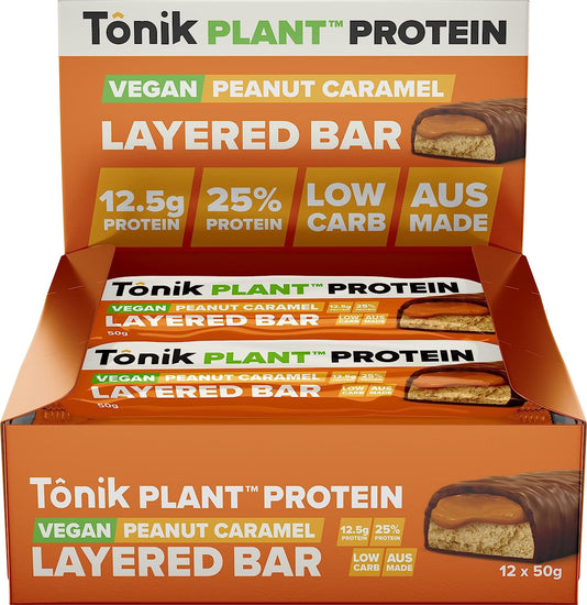 Tônik Plant Protein Layered Snack Bars Vegan | Box of 12 | Breakfast, Workout, Low Carb, Low Fat, Gluten Free | 2 Flavours to Choose from (Peanut Caramel)